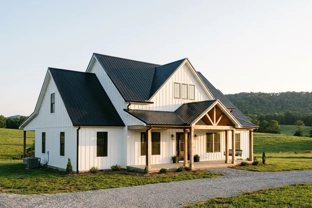Finished farmhouse with Black standing-seam metal roof