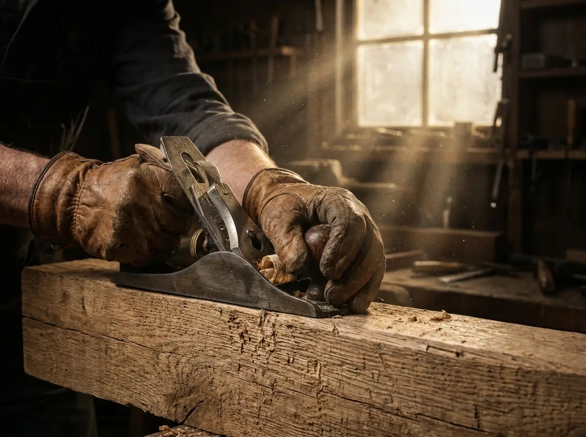 Craftsman's hands planing a rough-sawn oak beam